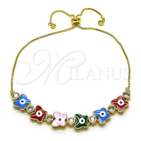Oro Laminado Adjustable Bolo Bracelet, Gold Filled Style Butterfly and Evil Eye Design, with White Cubic Zirconia, Multicolor Enamel Finish, Golden Finish, 03.411.0003.2.13