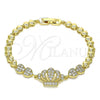 Oro Laminado Fancy Bracelet, Gold Filled Style Crown and Heart Design, with White Micro Pave, Polished, Golden Finish, 03.283.0052.07