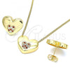 Oro Laminado Earring and Pendant Adult Set, Gold Filled Style Heart Design, with Garnet and White Micro Pave, Polished, Golden Finish, 10.156.0329.1