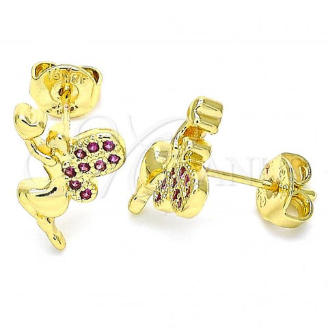 Oro Laminado Stud Earring, Gold Filled Style Angel and Heart Design, with Ruby Micro Pave, Polished, Golden Finish, 02.156.0462.1