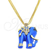 Oro Laminado Pendant Necklace, Gold Filled Style Elephant Design, with White Crystal and Sapphire Blue Opal, Polished, Golden Finish, 04.182.0056.35