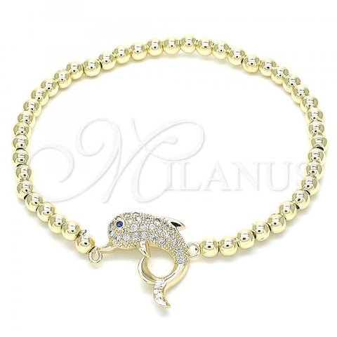 Oro Laminado Fancy Bracelet, Gold Filled Style Expandable Bead and Dolphin Design, with White and Black Cubic Zirconia, Polished, Golden Finish, 03.299.0026.07