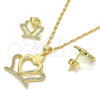 Oro Laminado Earring and Pendant Adult Set, Gold Filled Style Crown and Heart Design, with White Cubic Zirconia, Polished, Golden Finish, 10.156.0172