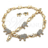 Oro Laminado Necklace, Bracelet and Earring, Gold Filled Style Elephant and Hugs and Kisses Design, with White Crystal, Polished, Golden Finish, 06.372.0012