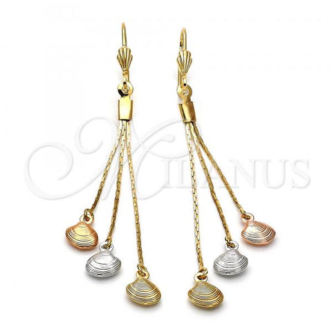 Oro Laminado Long Earring, Gold Filled Style Shell Design, Diamond Cutting Finish, Tricolor, 5.076.002