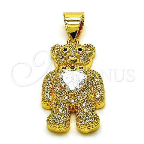 Oro Laminado Fancy Pendant, Gold Filled Style Heart and Bow Design, with White Cubic Zirconia and White Micro Pave, Polished, Golden Finish, 05.342.0166