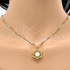 Oro Laminado Earring and Pendant Adult Set, Gold Filled Style Flower and Ball Design, with Ivory Pearl and White Crystal, Polished, Golden Finish, 10.156.0085