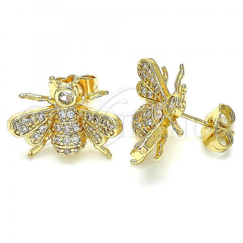 Oro Laminado Stud Earring, Gold Filled Style Bee Design, with White Micro Pave, Polished, Golden Finish, 02.210.0412