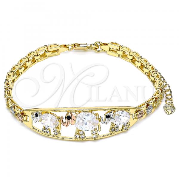 Oro Laminado Fancy Bracelet, Gold Filled Style Elephant and Flower Design, with White and Black Cubic Zirconia, Polished, Tricolor, 03.380.0096.07