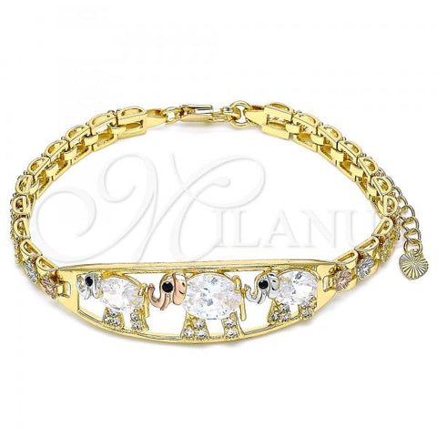 Oro Laminado Fancy Bracelet, Gold Filled Style Elephant and Flower Design, with White and Black Cubic Zirconia, Polished, Tricolor, 03.380.0096.07