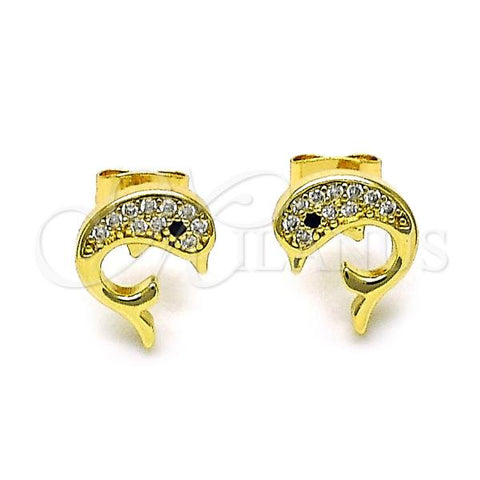 Oro Laminado Stud Earring, Gold Filled Style Dolphin Design, with White and Black Micro Pave, Polished, Golden Finish, 02.213.0600