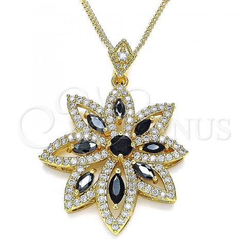 Oro Laminado Pendant Necklace, Gold Filled Style Leaf Design, with Black and White Cubic Zirconia, Polished, Golden Finish, 04.283.0018.20