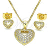 Oro Laminado Earring and Pendant Adult Set, Gold Filled Style Heart Design, with White Micro Pave, Polished, Golden Finish, 10.156.0411
