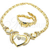 Oro Laminado Necklace and Bracelet, Gold Filled Style Heart and Hugs and Kisses Design, with White Cubic Zirconia, Diamond Cutting Finish, Golden Finish, 06.185.0014