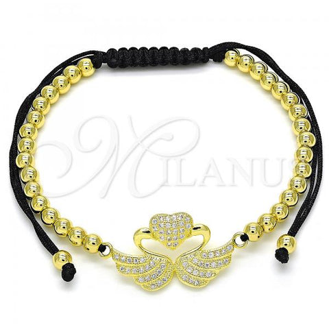 Oro Laminado Adjustable Bolo Bracelet, Gold Filled Style Swan and Heart Design, with White Micro Pave, Polished, Golden Finish, 03.299.0072.11