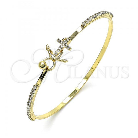 Oro Laminado Individual Bangle, Gold Filled Style Anchor Design, with White Micro Pave and White Crystal, Polished, Golden Finish, 07.193.0037.04