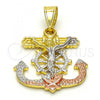 Oro Laminado Religious Pendant, Gold Filled Style Crucifix and Anchor Design, Polished, Tricolor, 05.253.0003