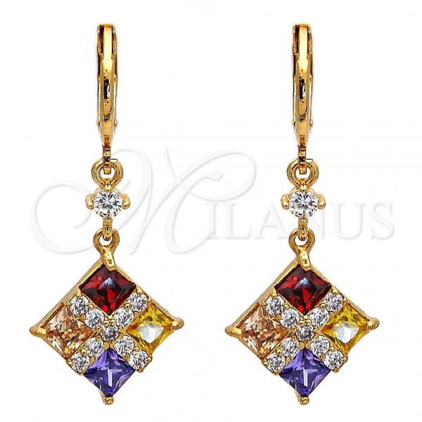 Oro Laminado Long Earring, Gold Filled Style with Multicolor Cubic Zirconia, Polished, Golden Finish, 02.217.0061.1