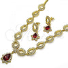 Oro Laminado Necklace and Earring, Gold Filled Style Teardrop and Flower Design, with Garnet and White Cubic Zirconia, Polished, Golden Finish, 06.205.0024.1