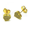 Oro Laminado Stud Earring, Gold Filled Style Heart Design, with White Micro Pave, Polished, Golden Finish, 02.344.0153