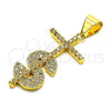 Oro Laminado Religious Pendant, Gold Filled Style Cross and Money Sign Design, with White Micro Pave, Polished, Golden Finish, 05.342.0152