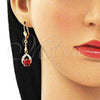 Oro Laminado Long Earring, Gold Filled Style Teardrop Design, with Garnet and White Cubic Zirconia, Polished, Golden Finish, 02.387.0058