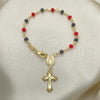 Oro Laminado Thin Rosary, Gold Filled Style Caridad del Cobre and Crucifix Design, with Black and Garnet Crystal, Polished, Golden Finish, 09.63.0112.1.08