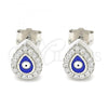 Sterling Silver Stud Earring, Hand of God and Evil Eye Design, with White Cubic Zirconia, Blue Enamel Finish, Rhodium Finish, 02.336.0156