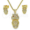 Oro Laminado Earring and Pendant Adult Set, Gold Filled Style Owl Design, with White Micro Pave and Garnet Cubic Zirconia, Polished, Golden Finish, 10.156.0379