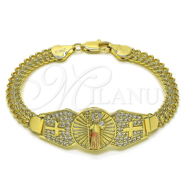 Oro Laminado Fancy Bracelet, Gold Filled Style San Benito and Bismark Design, with White Cubic Zirconia, Polished, Tricolor, 03.411.0038.1.08