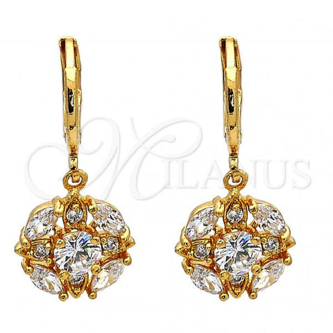 Oro Laminado Dangle Earring, Gold Filled Style Flower Design, with White Cubic Zirconia, Polished, Golden Finish, 02.217.0058