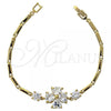 Oro Laminado Fancy Bracelet, Gold Filled Style Flower and Heart Design, with White Cubic Zirconia, Polished, Golden Finish, 5.027.002