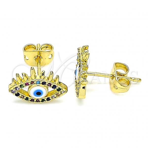 Oro Laminado Stud Earring, Gold Filled Style Evil Eye Design, with Multicolor Micro Pave, Blue Enamel Finish, Golden Finish, 02.341.0044