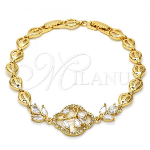 Oro Laminado Fancy Bracelet, Gold Filled Style Flower and Leaf Design, with White Cubic Zirconia, Polished, Golden Finish, 03.205.0033.07