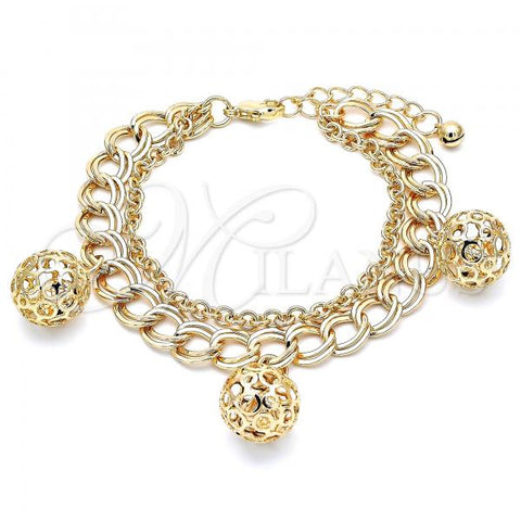 Oro Laminado Charm Bracelet, Gold Filled Style Ball and Rattle Charm Design, Polished, Golden Finish, 03.331.0130.08