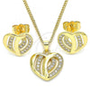 Oro Laminado Earring and Pendant Adult Set, Gold Filled Style Heart Design, with White Micro Pave, Polished, Golden Finish, 10.94.0002