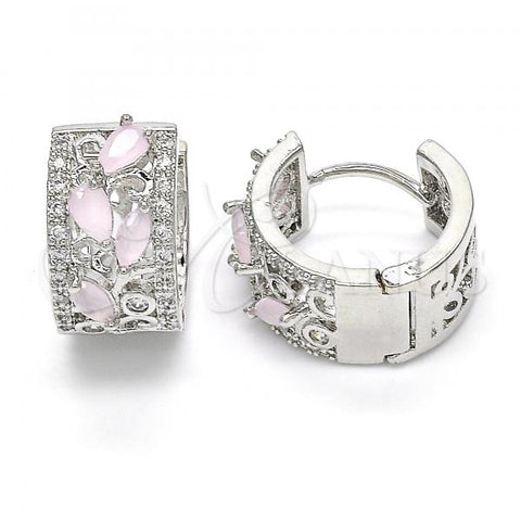 Rhodium Plated Huggie Hoop, Teardrop and Leaf Design, with Pink and White Cubic Zirconia, Polished, Rhodium Finish, 02.210.0090.12.15