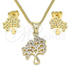 Oro Laminado Earring and Pendant Adult Set, Gold Filled Style Tree Design, with White Micro Pave, Polished, Golden Finish, 10.156.0257