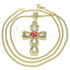 Oro Laminado Pendant Necklace, Gold Filled Style Cross and Flower Design, with White Crystal, Red Enamel Finish, Golden Finish, 04.380.0014.20