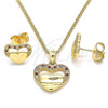 Oro Laminado Earring and Pendant Adult Set, Gold Filled Style Heart Design, with White Micro Pave, Polished, Golden Finish, 10.156.0279.1