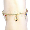Oro Laminado Charm Anklet , Gold Filled Style Heart and Rattle Charm Design, with Multicolor Crystal, Polished, Golden Finish, 03.213.0074.10