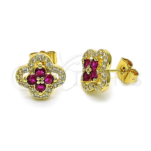 Oro Laminado Stud Earring, Gold Filled Style Four-leaf Clover Design, with Ruby and White Cubic Zirconia, Polished, Golden Finish, 02.283.0180