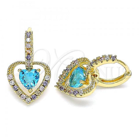Oro Laminado Dangle Earring, Gold Filled Style Heart Design, with Blue Topaz Cubic Zirconia and Multicolor Micro Pave, Polished, Golden Finish, 02.65.2660.2