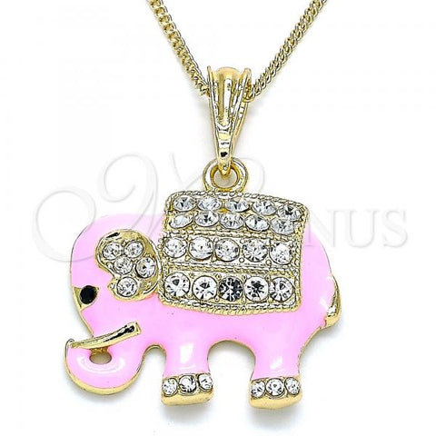 Oro Laminado Pendant Necklace, Gold Filled Style Elephant Design, with White and Black Crystal, Pink Enamel Finish, Golden Finish, 04.380.0026.20