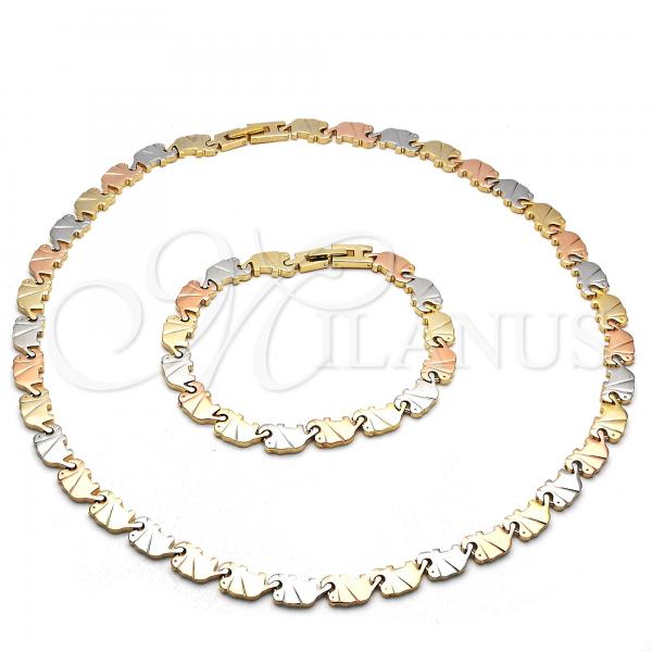 Oro Laminado Necklace and Bracelet, Gold Filled Style Elephant Design, Polished, Tricolor, 06.102.0001
