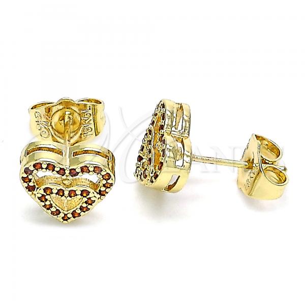 Oro Laminado Stud Earring, Gold Filled Style Heart Design, with Garnet Micro Pave, Polished, Golden Finish, 02.156.0622.1