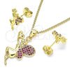 Oro Laminado Earring and Pendant Adult Set, Gold Filled Style Angel and Heart Design, with Ruby Micro Pave, Polished, Golden Finish, 10.156.0264.1