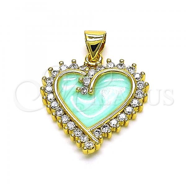 Oro Laminado Fancy Pendant, Gold Filled Style Heart Design, with White Cubic Zirconia, Turquoise Enamel Finish, Golden Finish, 05.381.0017