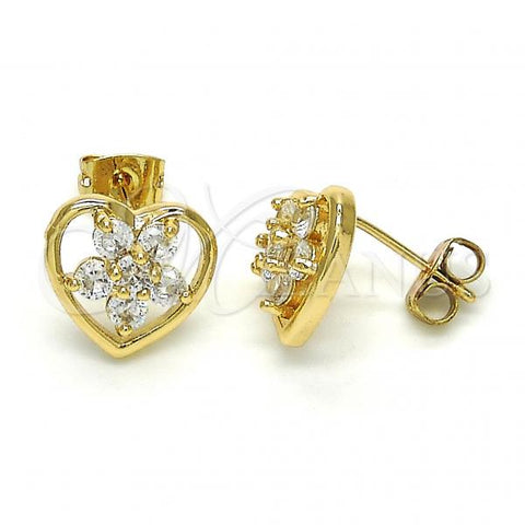 Oro Laminado Stud Earring, Gold Filled Style Heart and Flower Design, with White Cubic Zirconia, Polished, Golden Finish, 02.210.0096