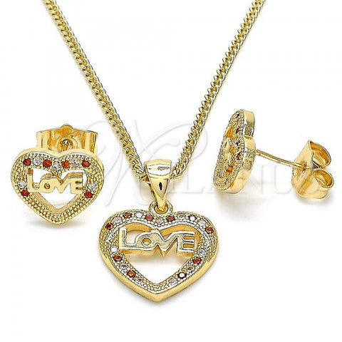Oro Laminado Earring and Pendant Adult Set, Gold Filled Style Heart and Love Design, with Garnet and White Micro Pave, Polished, Golden Finish, 10.156.0282.1